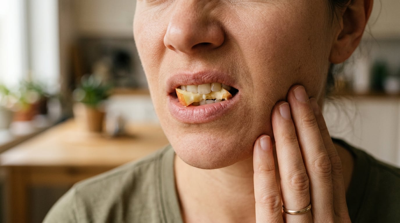 A woman appears distressed, clutching her cheek, suffering from a toothache.