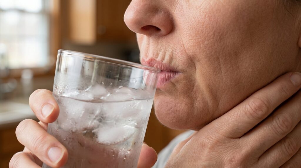 A woman holding a glass, drinking water with a refreshing expression on her face.
