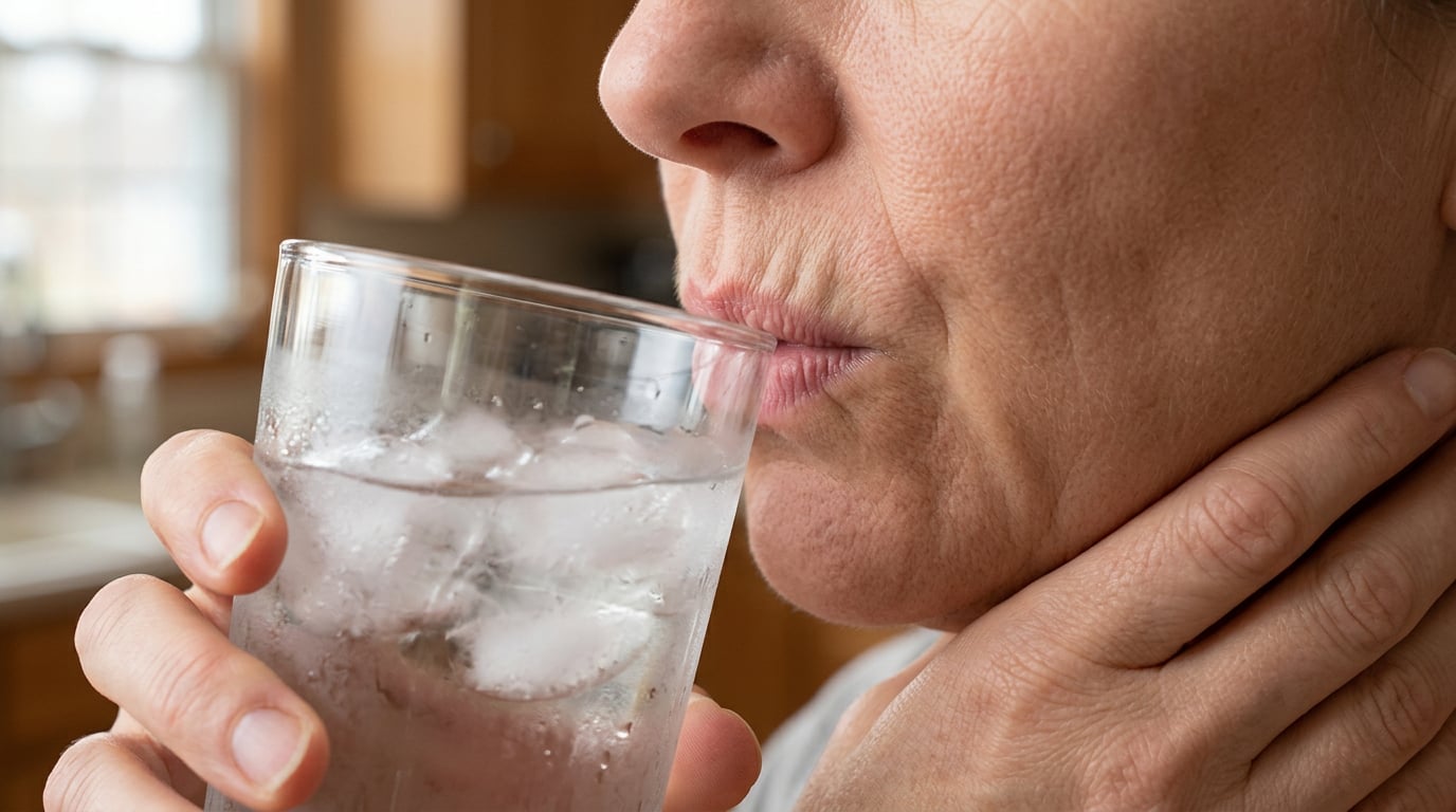 A woman holding a glass, drinking water with a refreshing expression on her face.