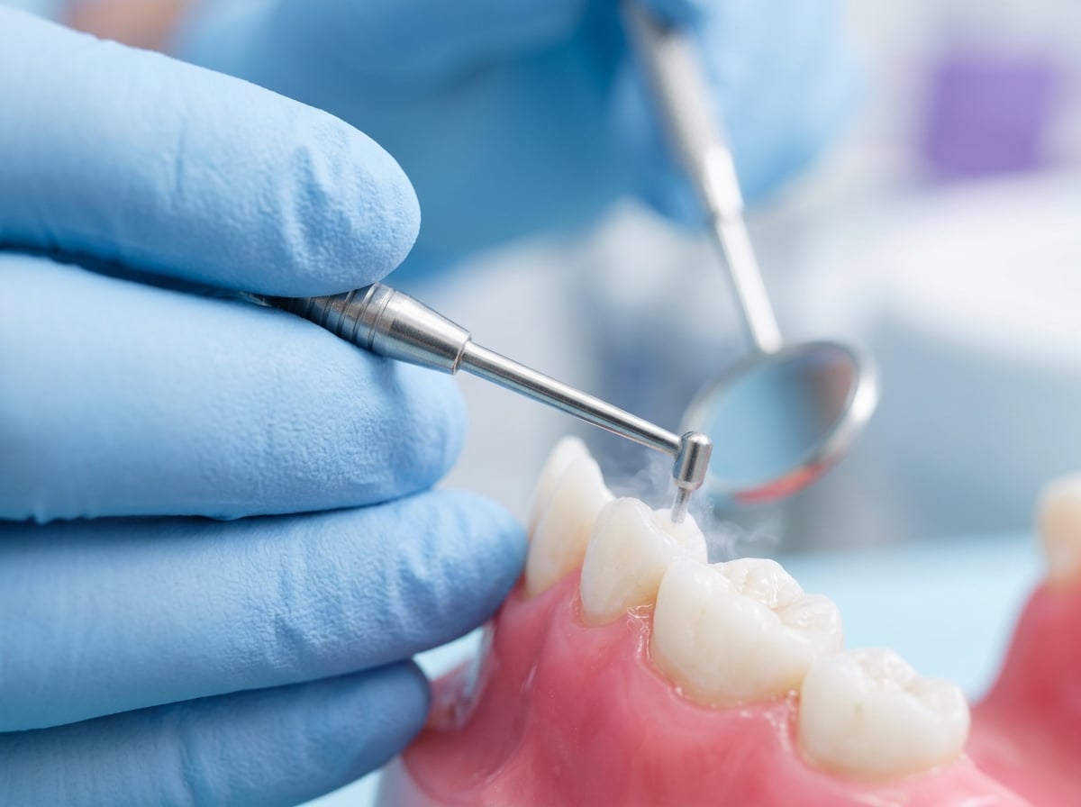 A person using a dental tool to meticulously clean their teeth in a well-lit dental office setting.