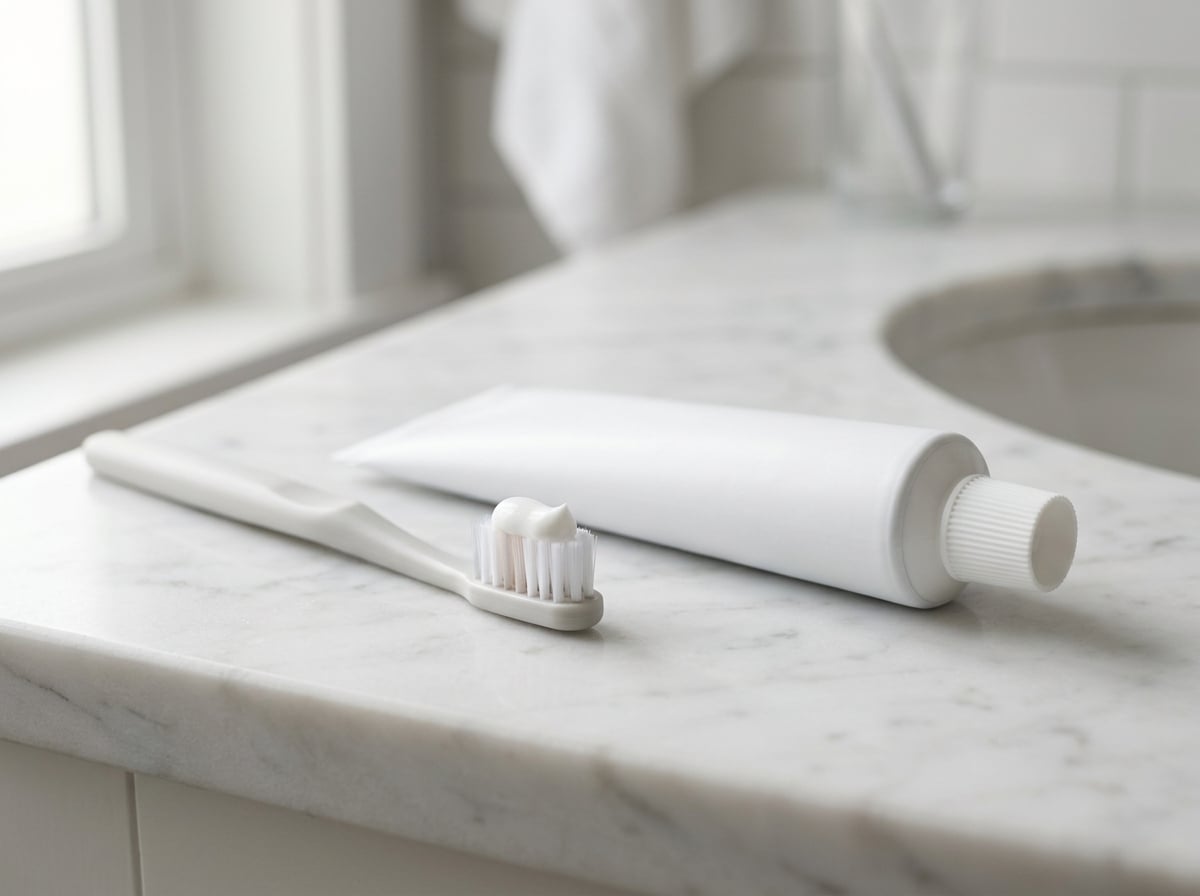 A toothbrush and a tube of toothpaste placed on a bathroom counter, ready for use.