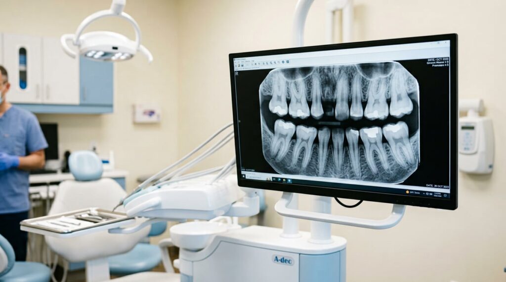 A dentist examines a dental x-ray displayed on a computer screen in a clinical setting.