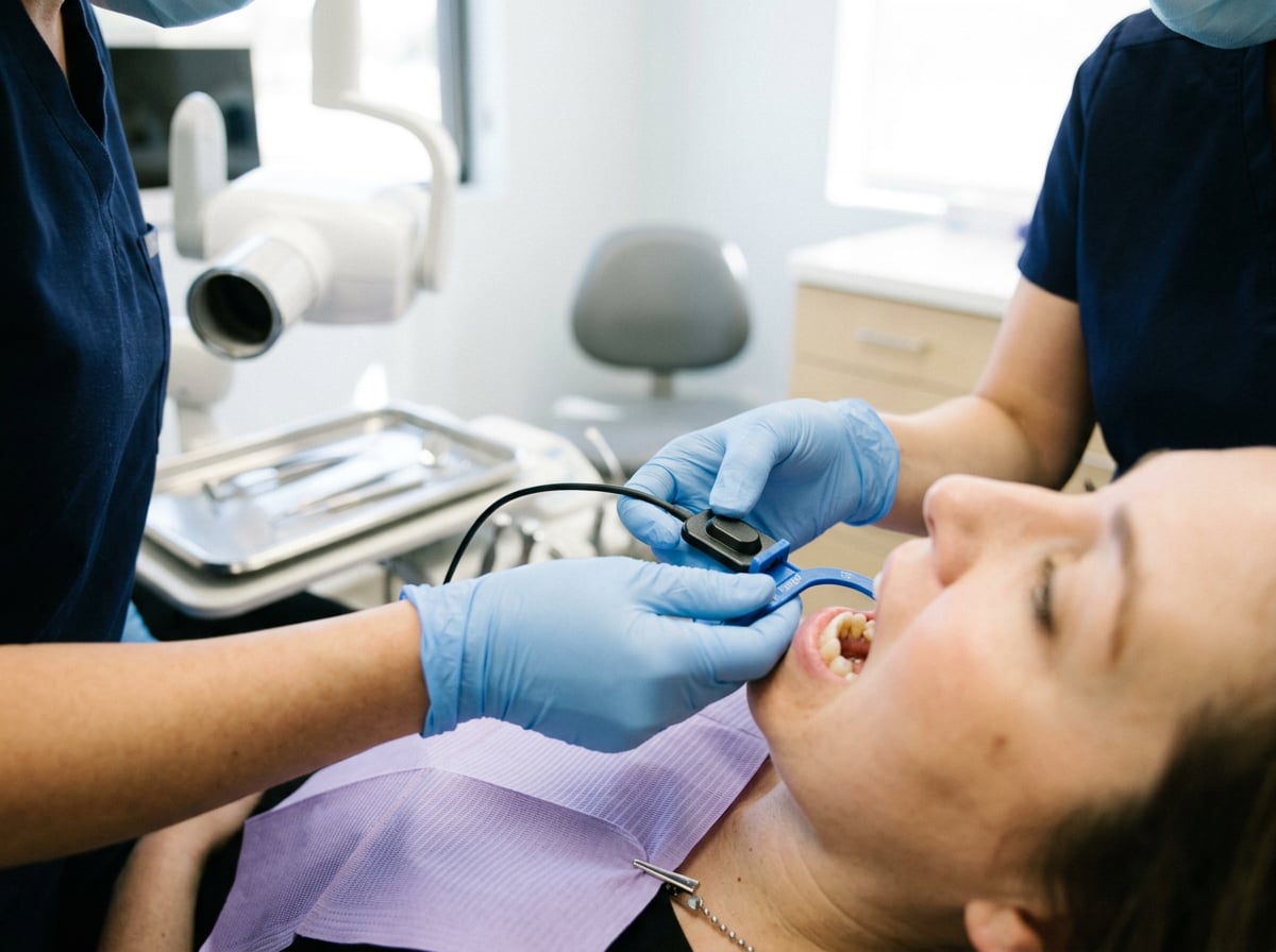 A woman reclines in a dental chair as a dentist cleans her teeth with dental tools.