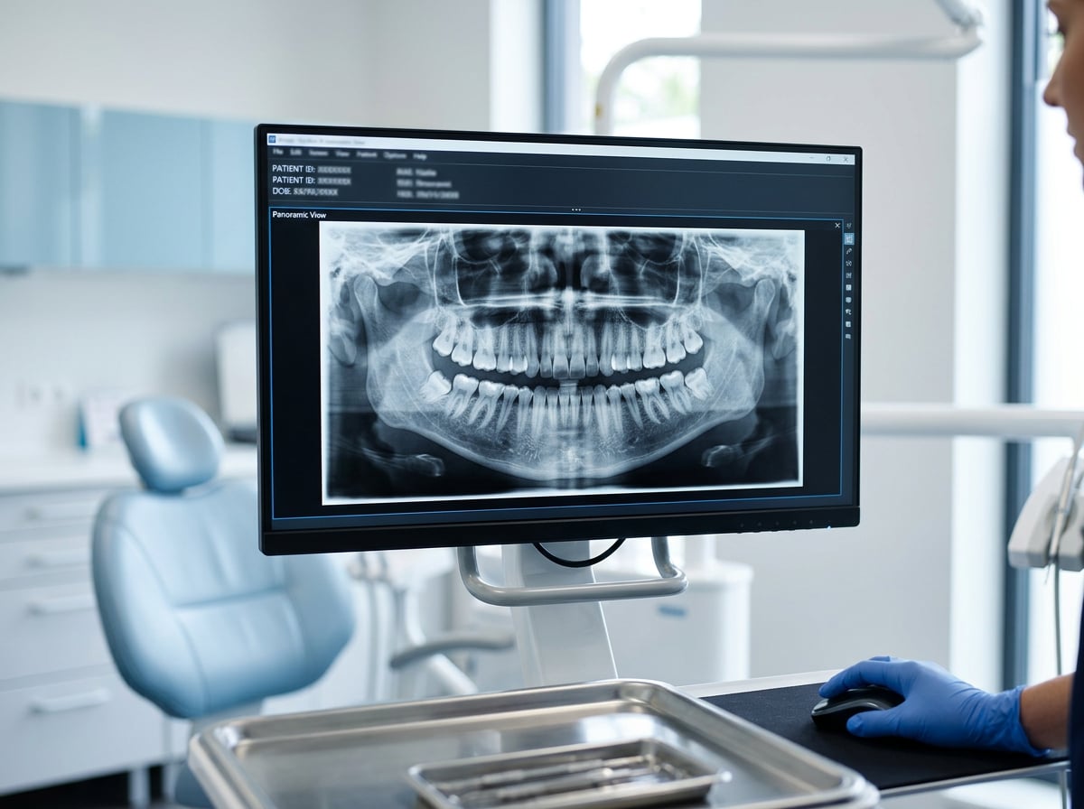 A dentist displays a patient's x-ray on a computer screen during a consultation in a dental office.
