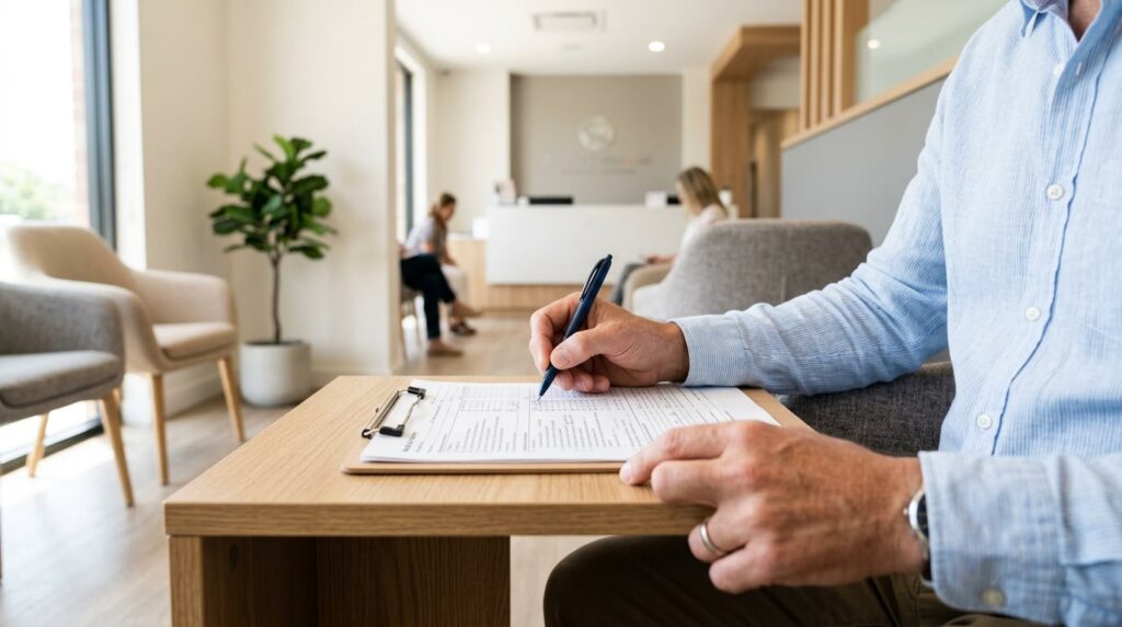 A man sits in a waiting room, focused on writing notes on a clipboard.