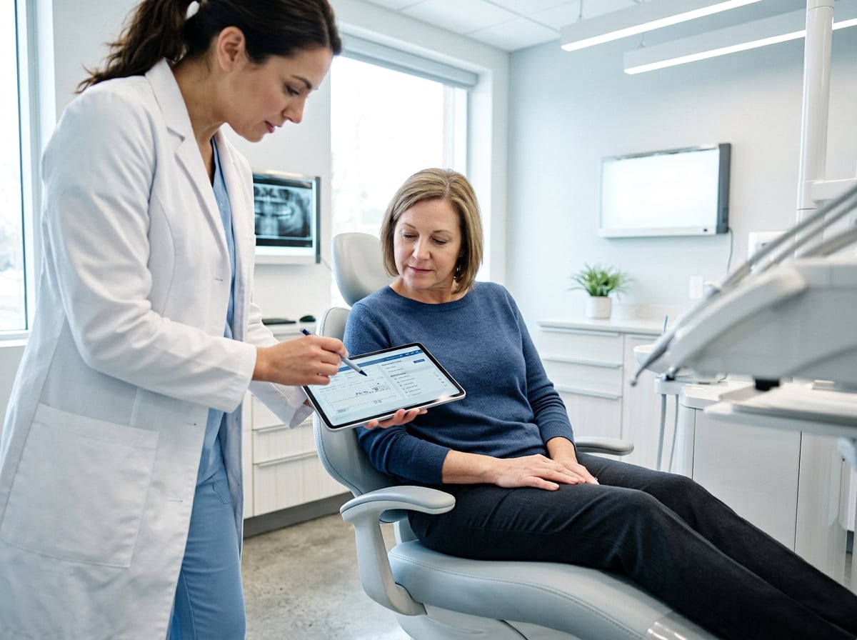 A woman seated in a dental chair, holding a tablet and looking at the screen with a focused expression.