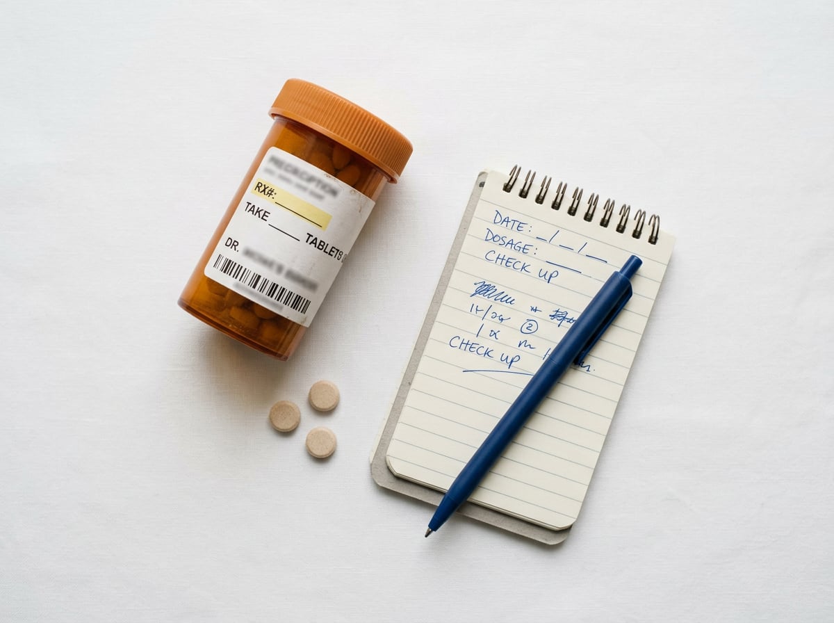 A prescription bottle beside a pen resting on a notepad, indicating medication and note-taking.