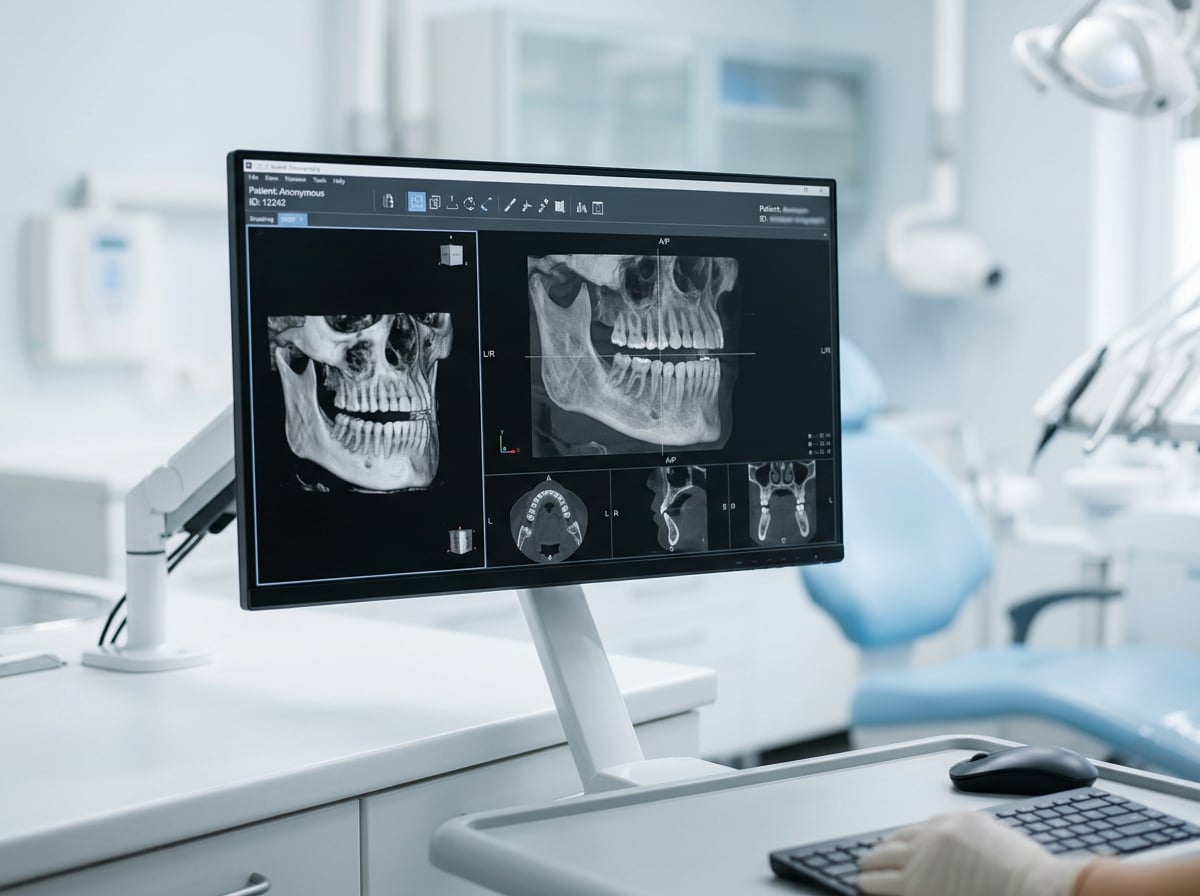 A dentist analyzes a dental x-ray displayed on a computer in a modern dental office.