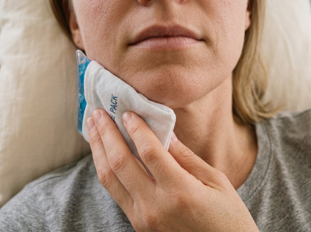 A woman applying a cold pack to her neck, seeking relief from discomfort or pain.