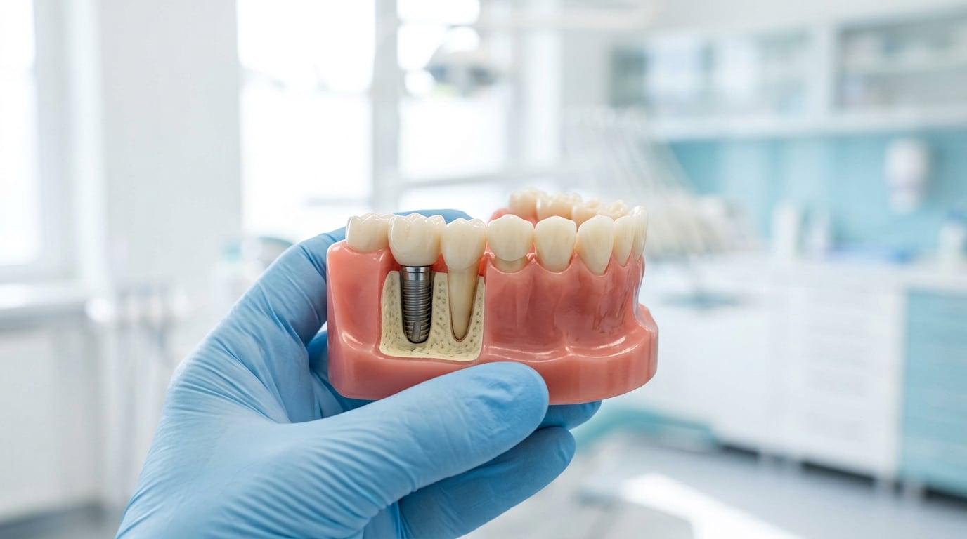 A person holds a model of a tooth featuring a dental implant, demonstrating dental anatomy and implant placement.