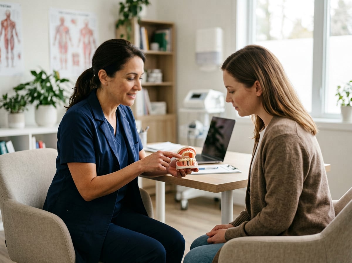 A woman seated in a chair engages in conversation with a doctor in a clinical setting.