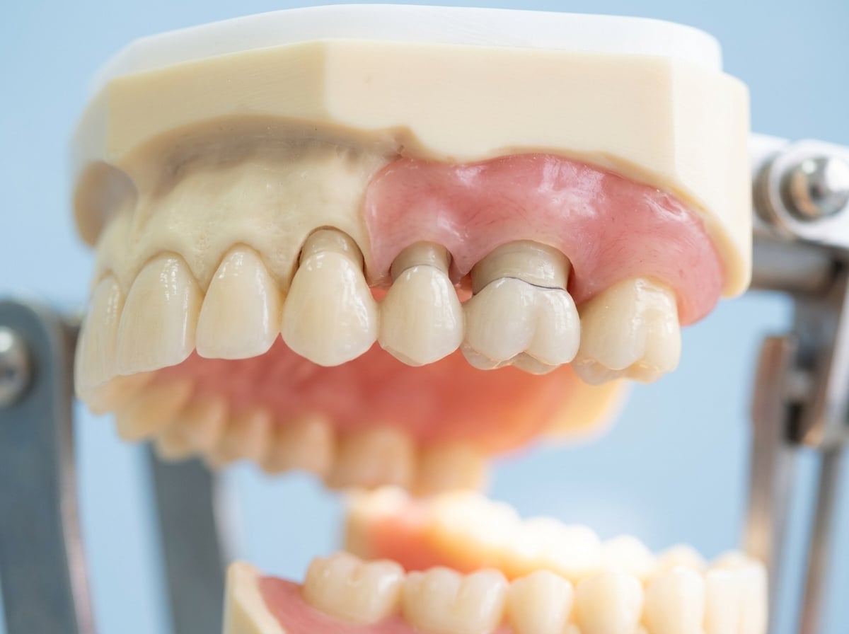 Model of a tooth demonstrating a missing tooth, highlighting dental health and anatomy.
