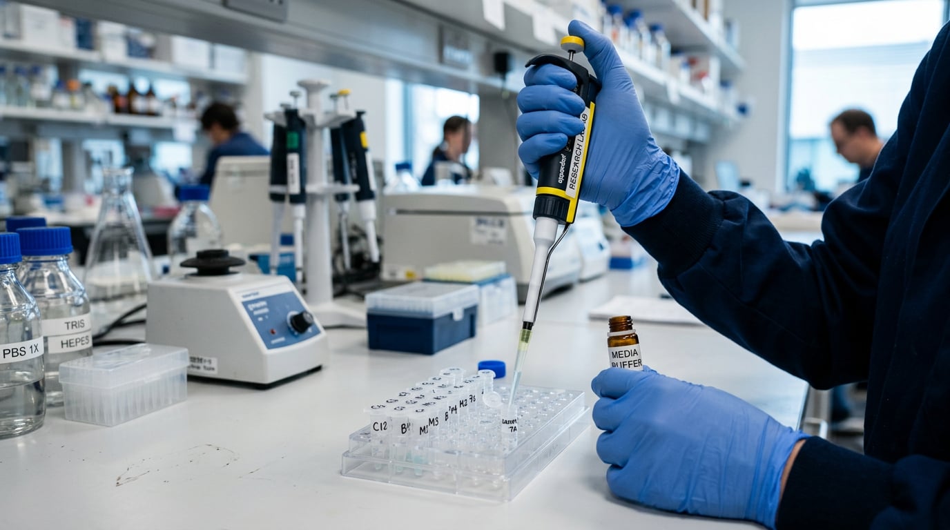 A person in a lab coat holds a test tube, demonstrating a scientific experiment or analysis in a laboratory setting.