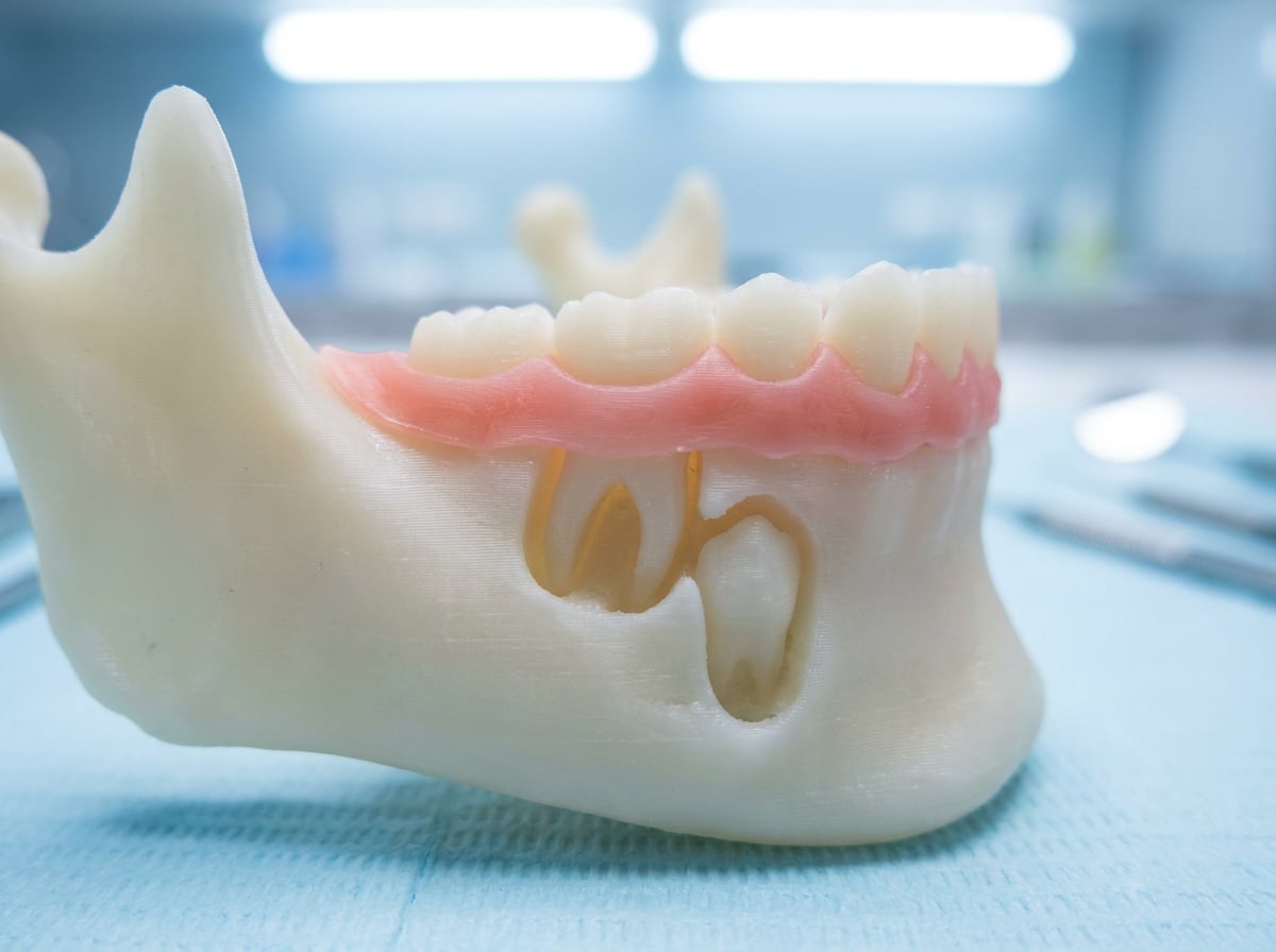 A model of a tooth displayed alongside a toothbrush and toothpaste, illustrating dental hygiene practices.