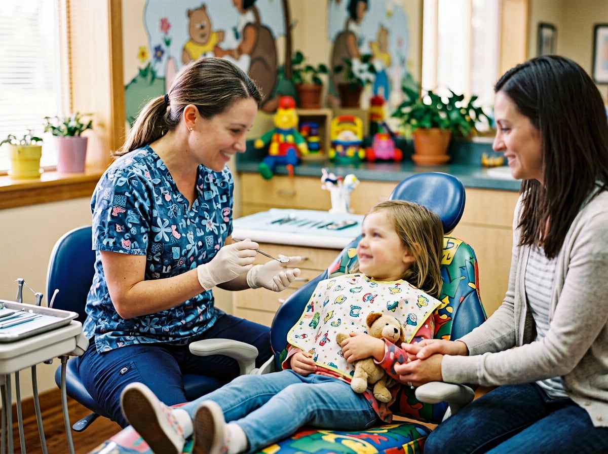 A woman and two children sit together in a dental chair, smiling and engaging with a dental professional nearby.