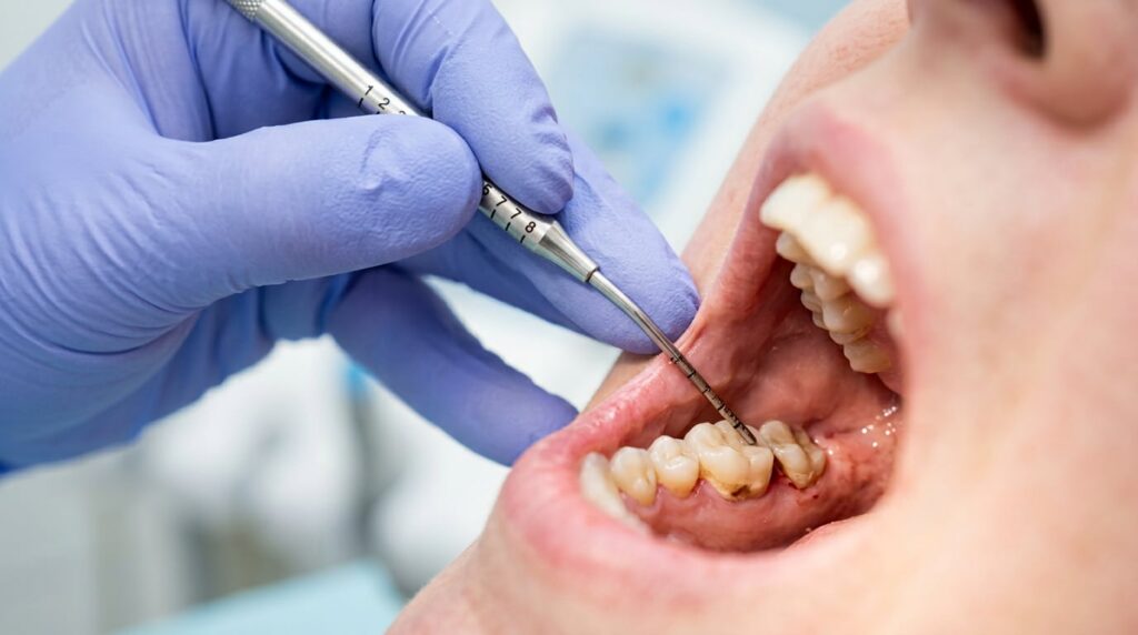 A dentist cleans a patient's teeth in a dental office, showcasing dental tools and equipment in the background.