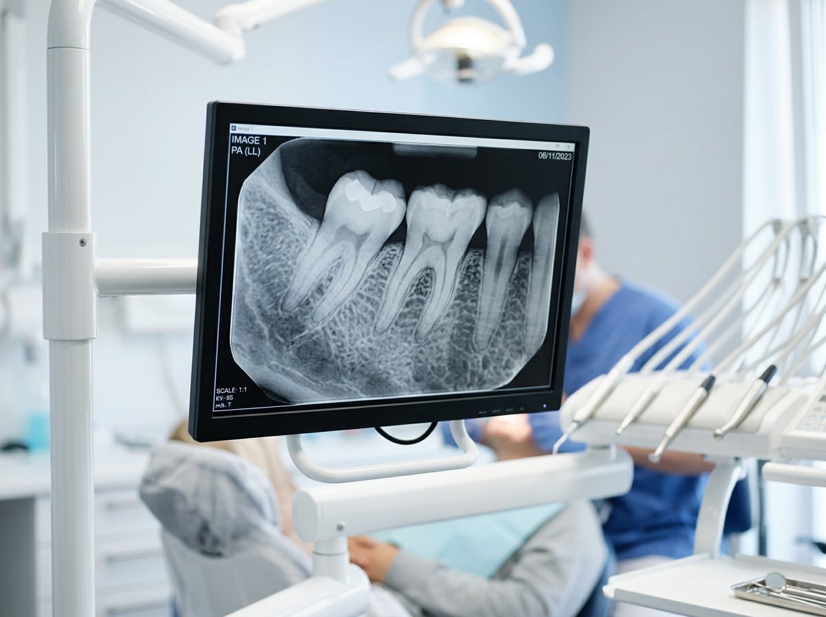 A dentist examines a dental x-ray, focusing on the patient's teeth and jaw structure for diagnosis.