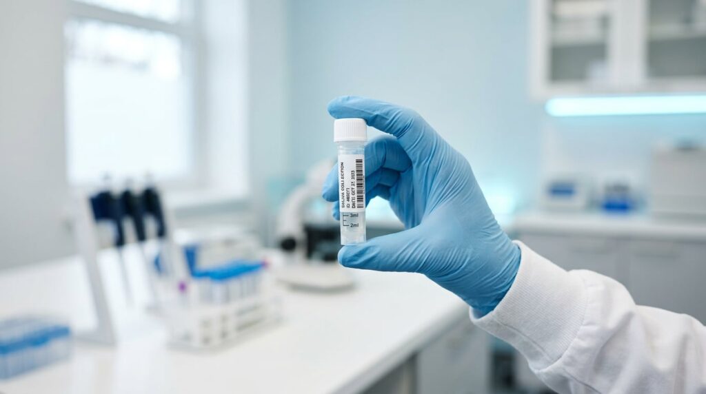 A person in a lab coat holds a tube of blood, indicating a medical or laboratory setting.
