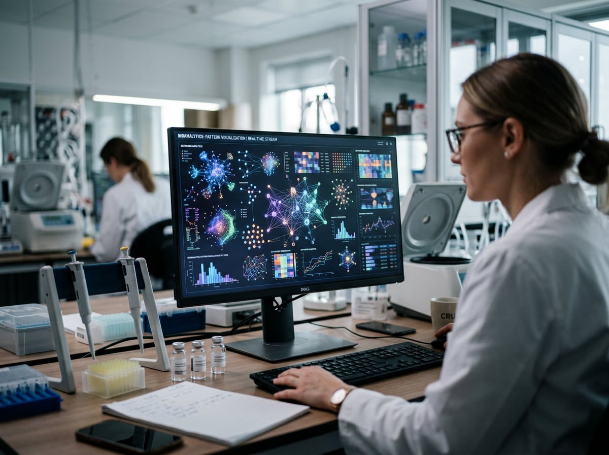 A woman in a lab coat focused on her work at a computer in a laboratory setting.