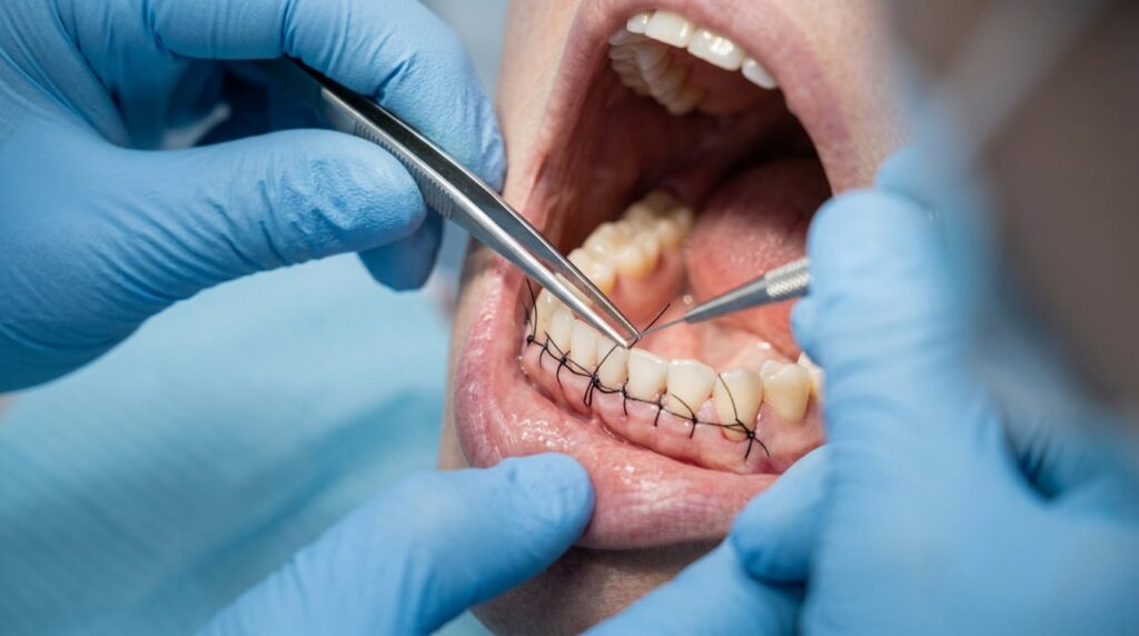 A dentist cleans a patient's teeth in a dental office, showcasing dental tools and equipment in the background.