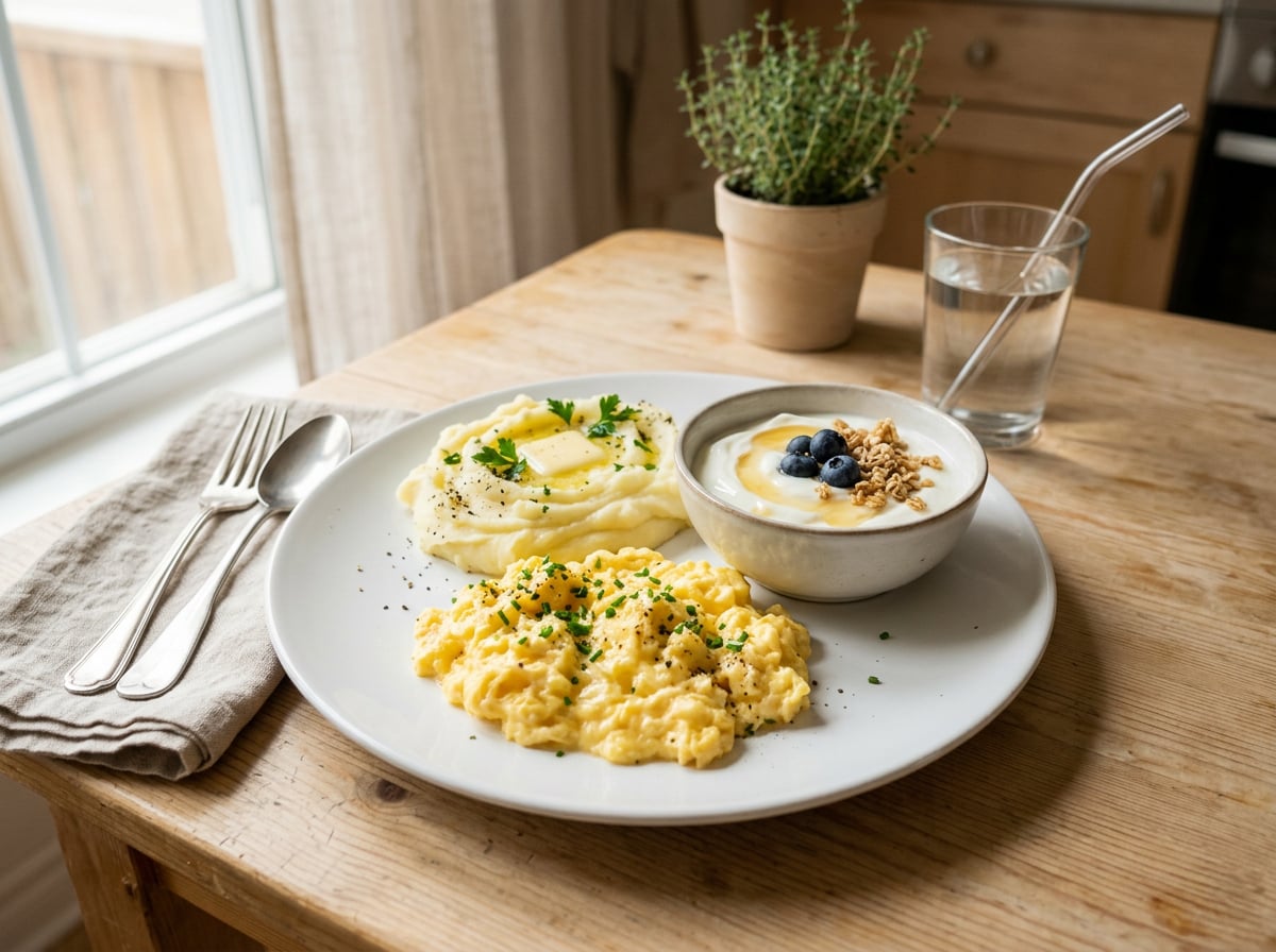 A white plate featuring scrambled eggs, diced potatoes, and a colorful bowl of assorted fruit.