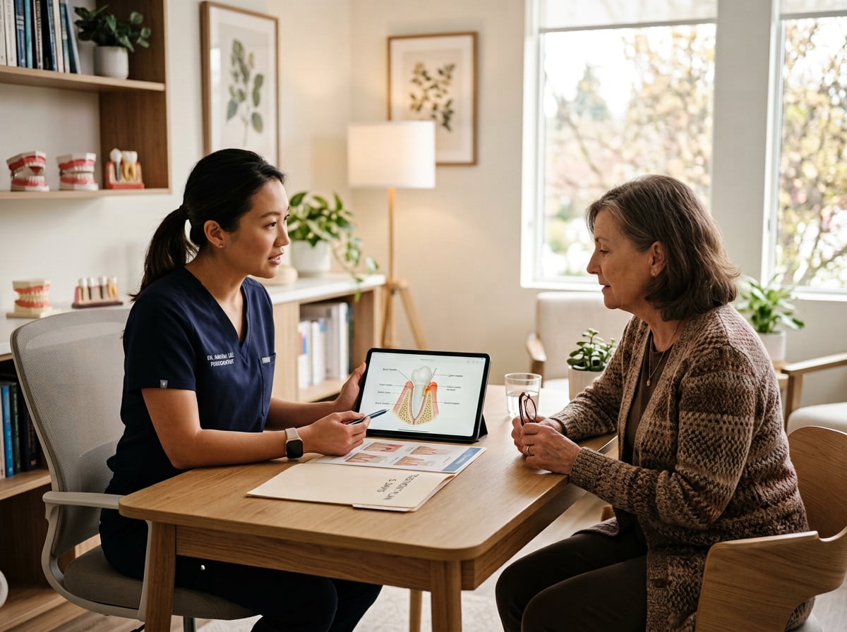 A woman sits at a table with a laptop, engaged in conversation with a doctor.