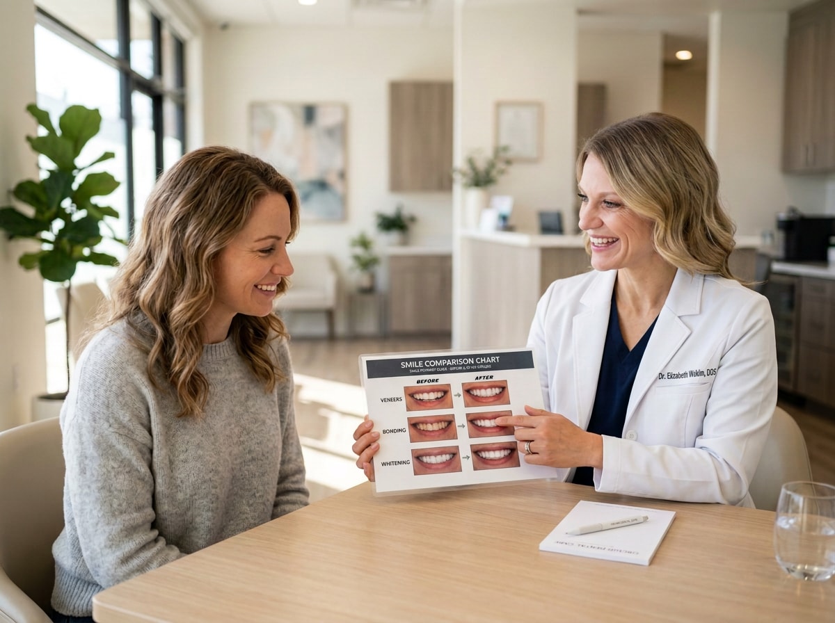 Dentist shows a smile comparison chart to a patient in a bright office, discussing dental options with a friendly smile.