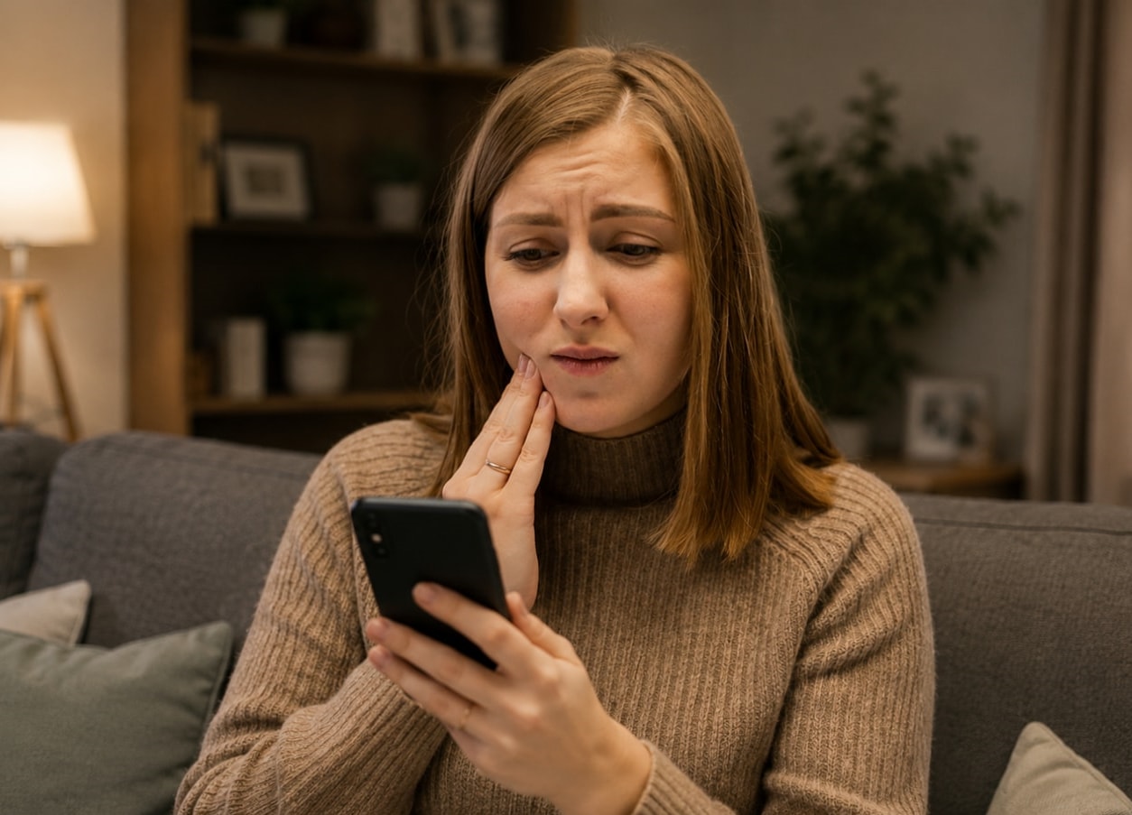 Woman on sofa looks worried while reading a message on her phone, hand on chin, in a cozy living room setting.