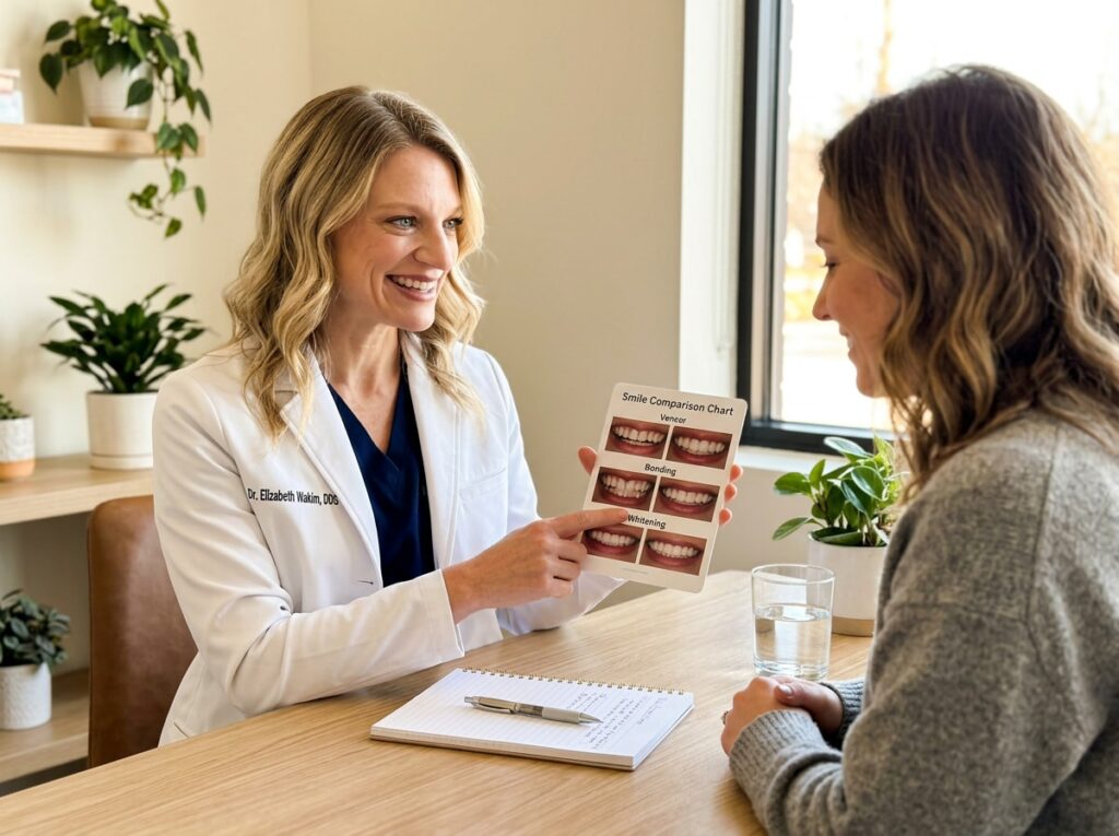 Dentist shows a smile comparison chart to a patient in a bright office with plants, discussing dental options over a notebook.