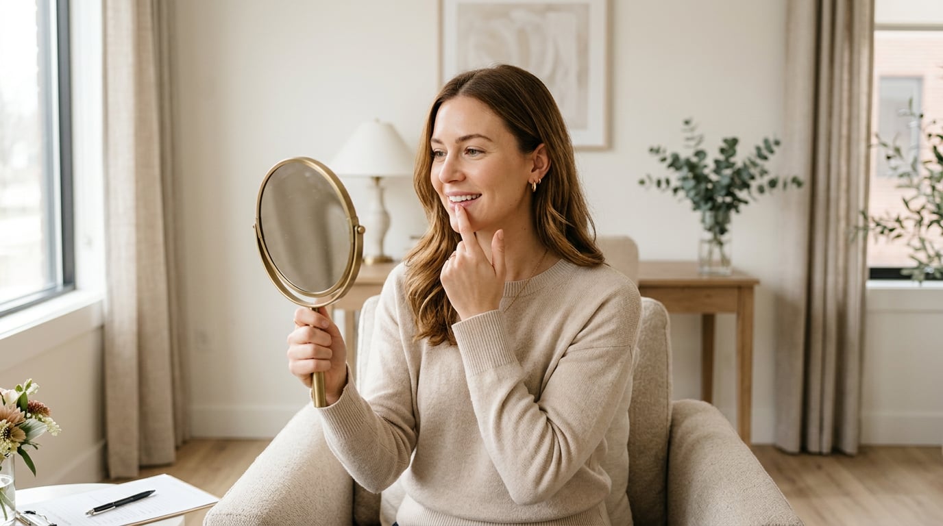 Woman looking in a hand mirror and touching her upper lip during a lip flip consultation
