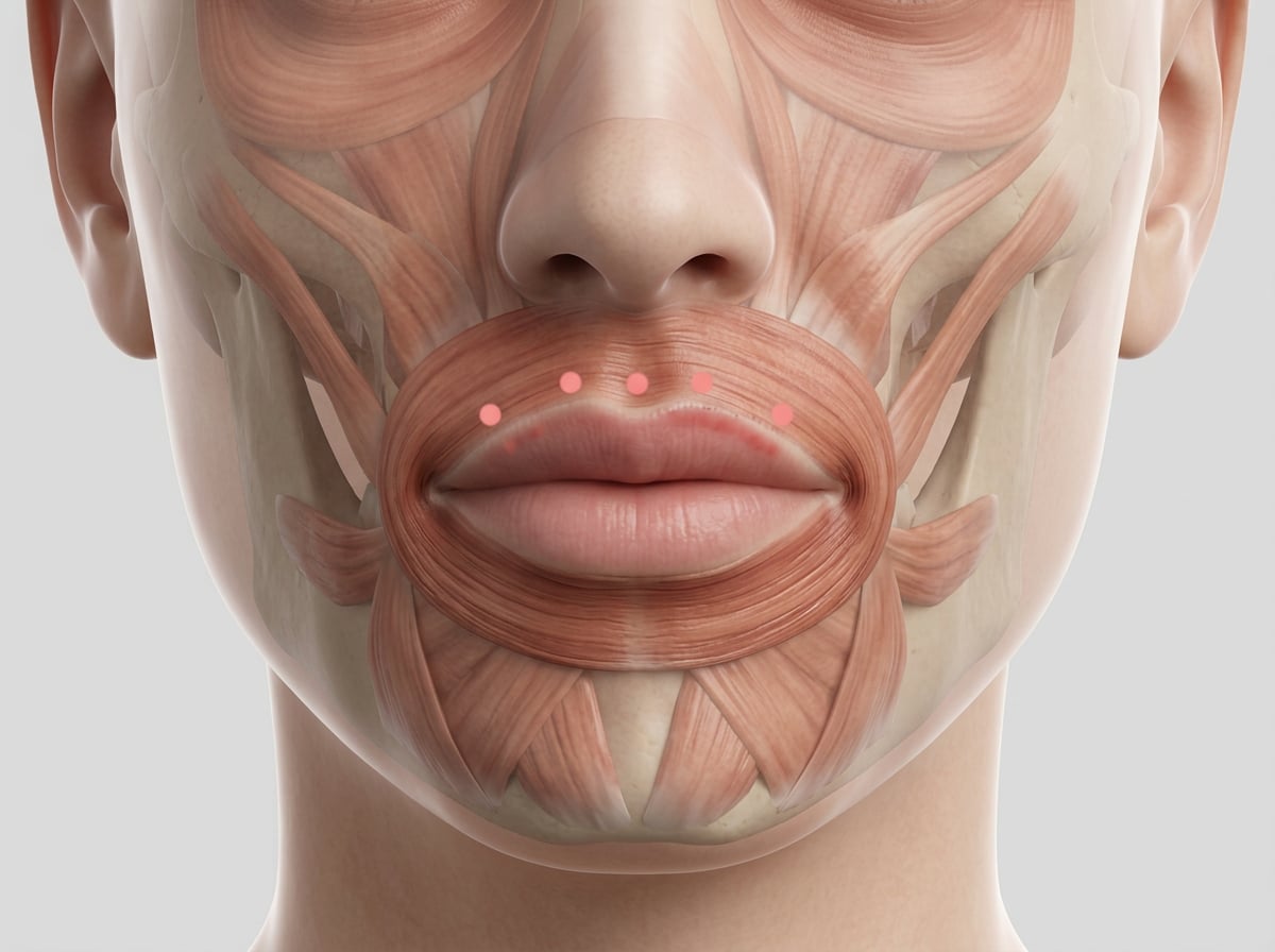 Illustration of the orbicularis oris muscle around the mouth with lip flip injection points above the upper lip