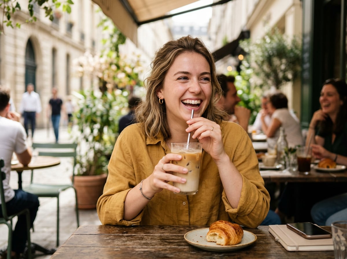 Woman drinking an iced coffee through a straw at a café