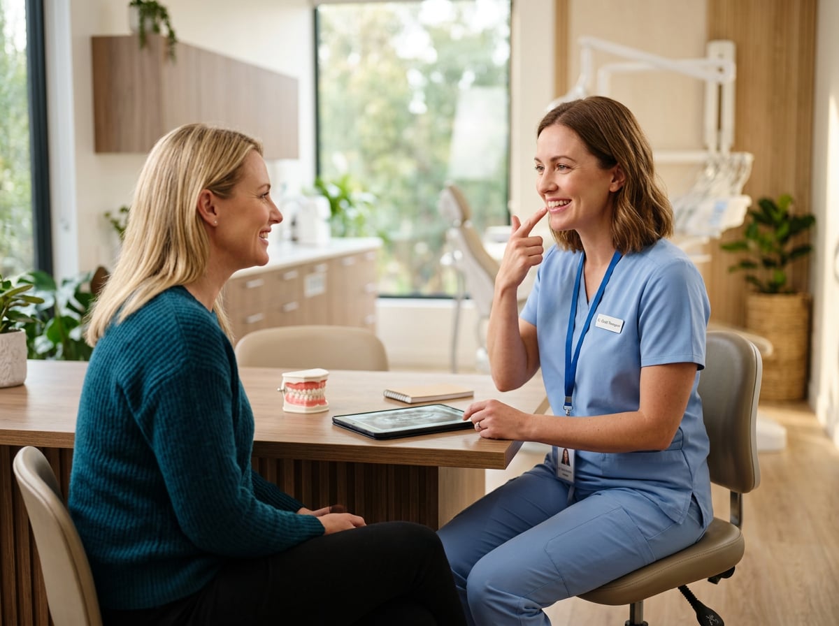 Dentist explaining lip flip treatment to a patient during a consultation