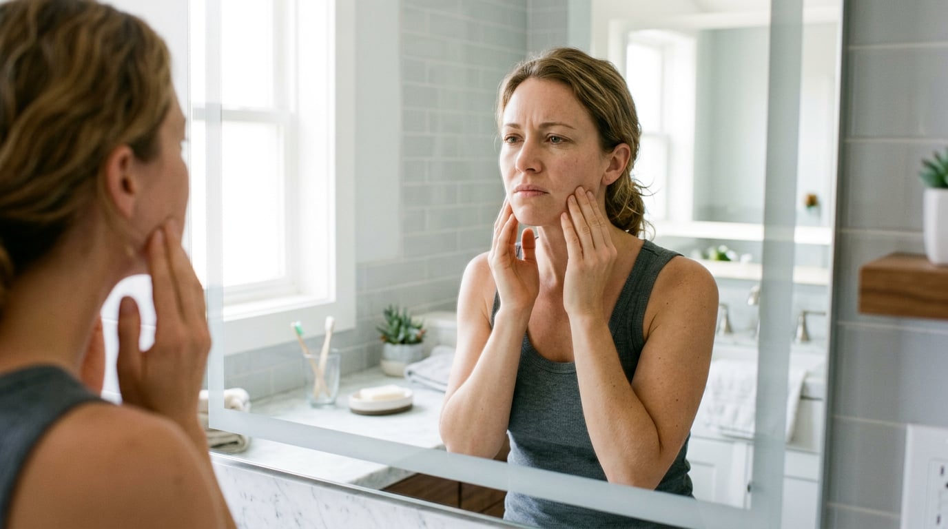 Woman pressing on both sides of her jaw in a bathroom mirror, showing jaw soreness from clenching
