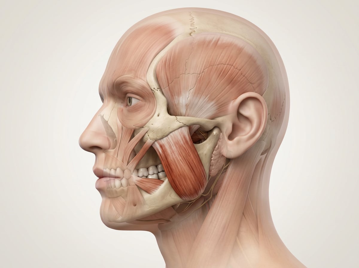 Illustration of the masseter muscle running from the cheekbone to the angle of the jaw