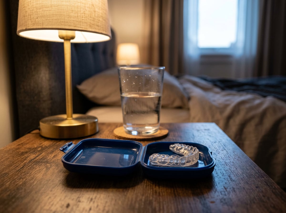 Clear custom night guard in its case on a bedside table