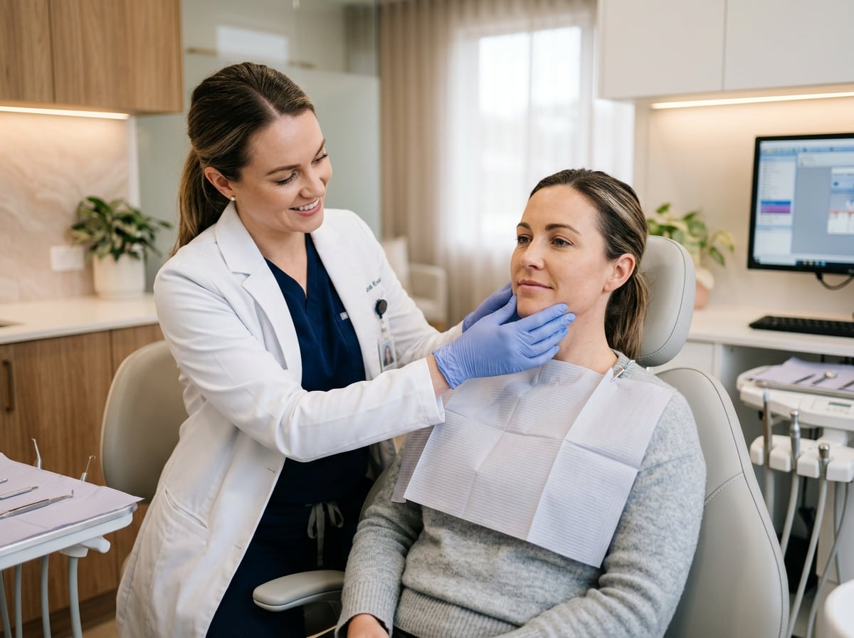 Dentist feeling a patient’s jaw muscles to check for clenching