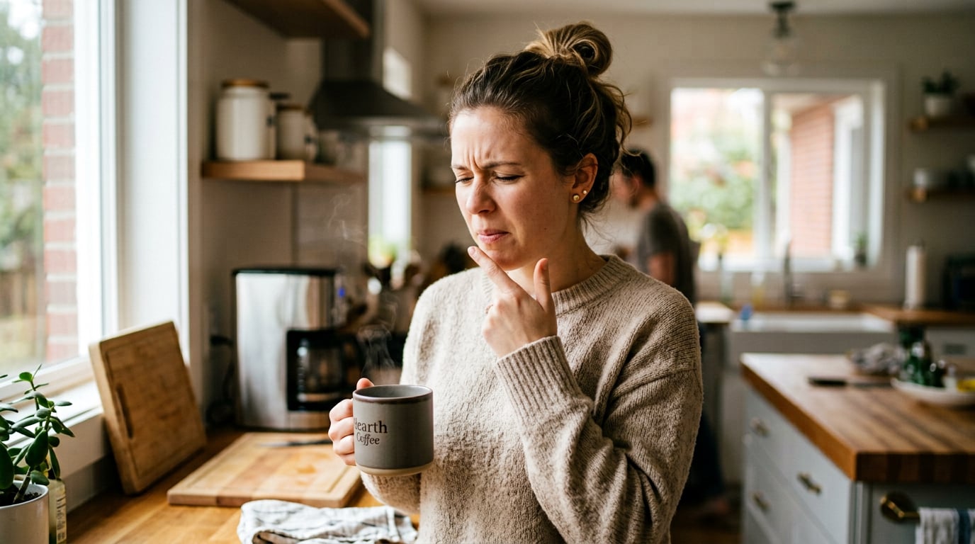 Woman touching the tip of her tongue after sipping hot coffee, showing discomfort from a sore tongue bump