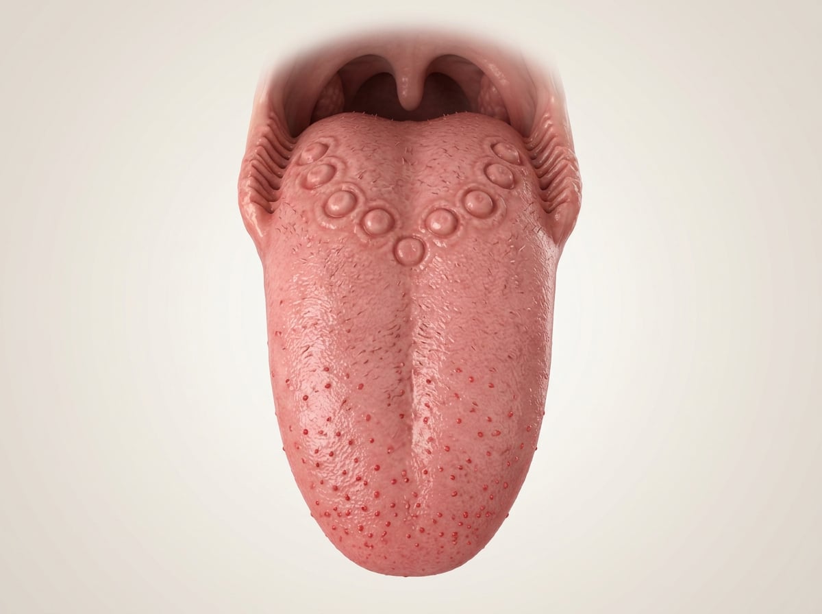 Illustration of a tongue showing the normal V-shaped row of large bumps at the back and smaller bumps near the tip