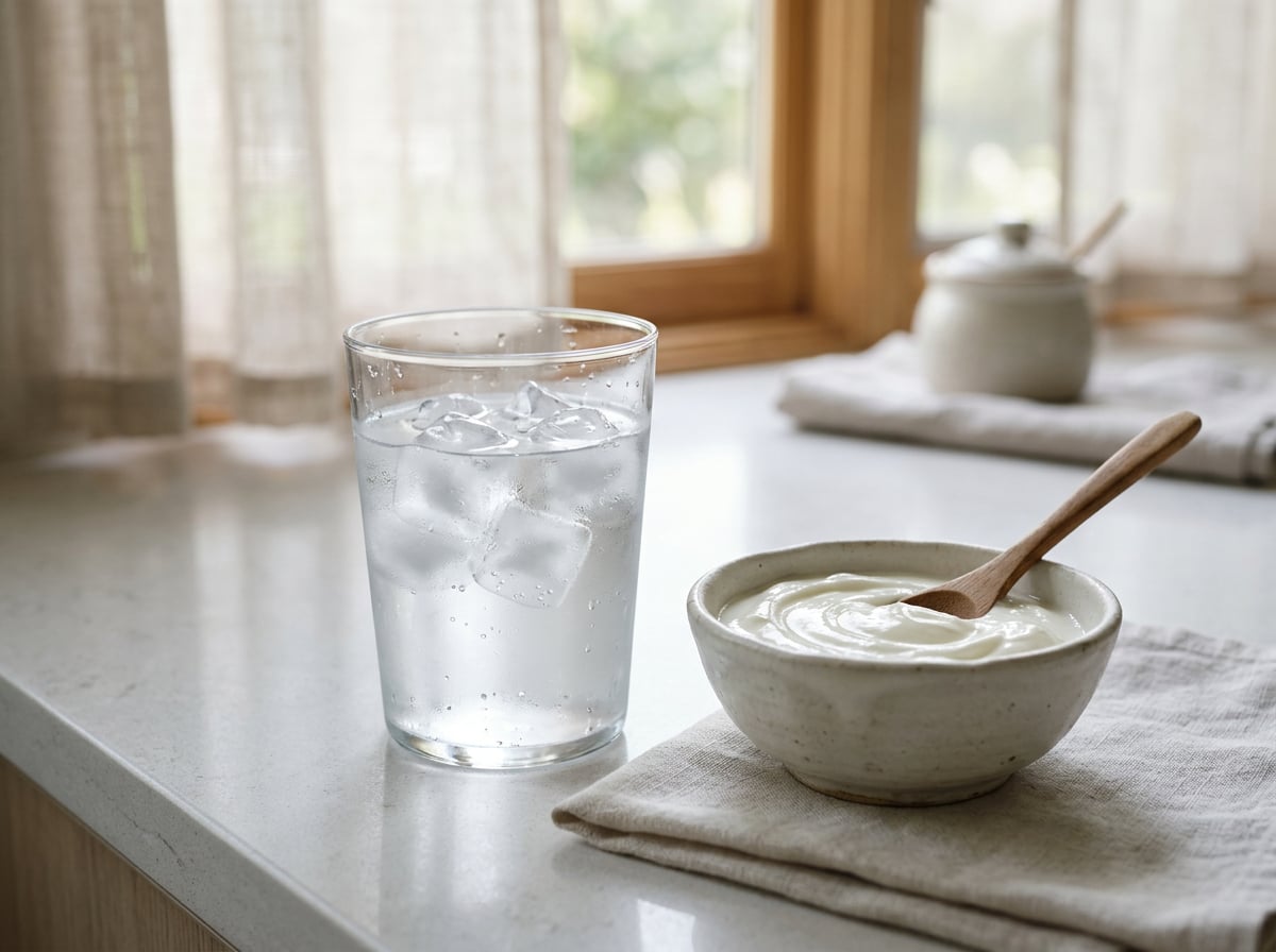Glass of ice water and a bowl of plain yogurt as soothing options for a sore tongue