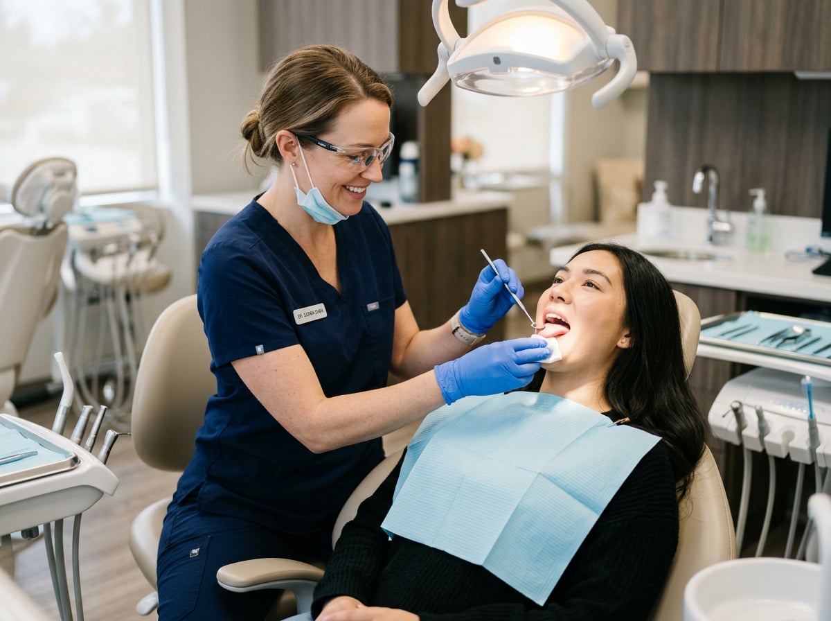 Dentist examining the side of a patient’s tongue with gauze during an oral exam