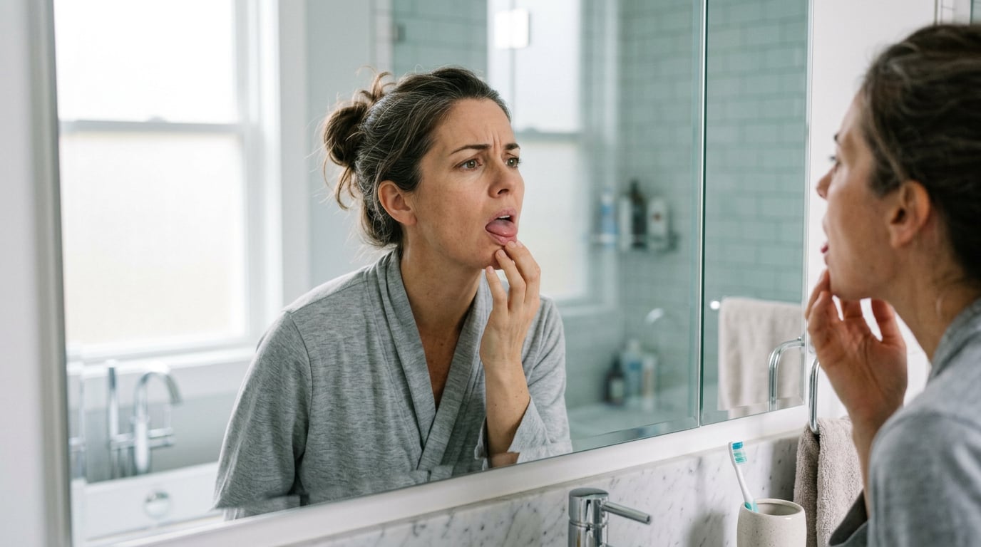 Woman in a mirror feeling a bump on the roof of her mouth with her tongue