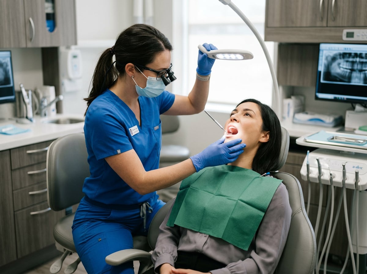 Dentist examining the roof of a patient’s mouth during an oral cancer screening