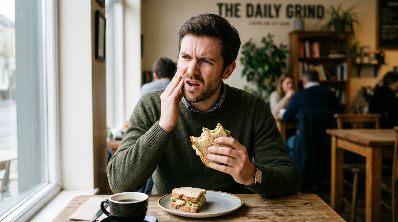 Man pressing the side of his jaw near his ear while eating, showing jaw clicking discomfort