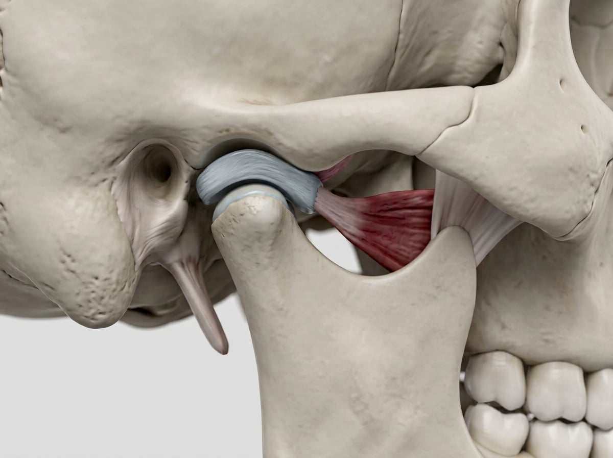 Illustration of the jaw joint with a small disc sitting slightly forward of the condyle