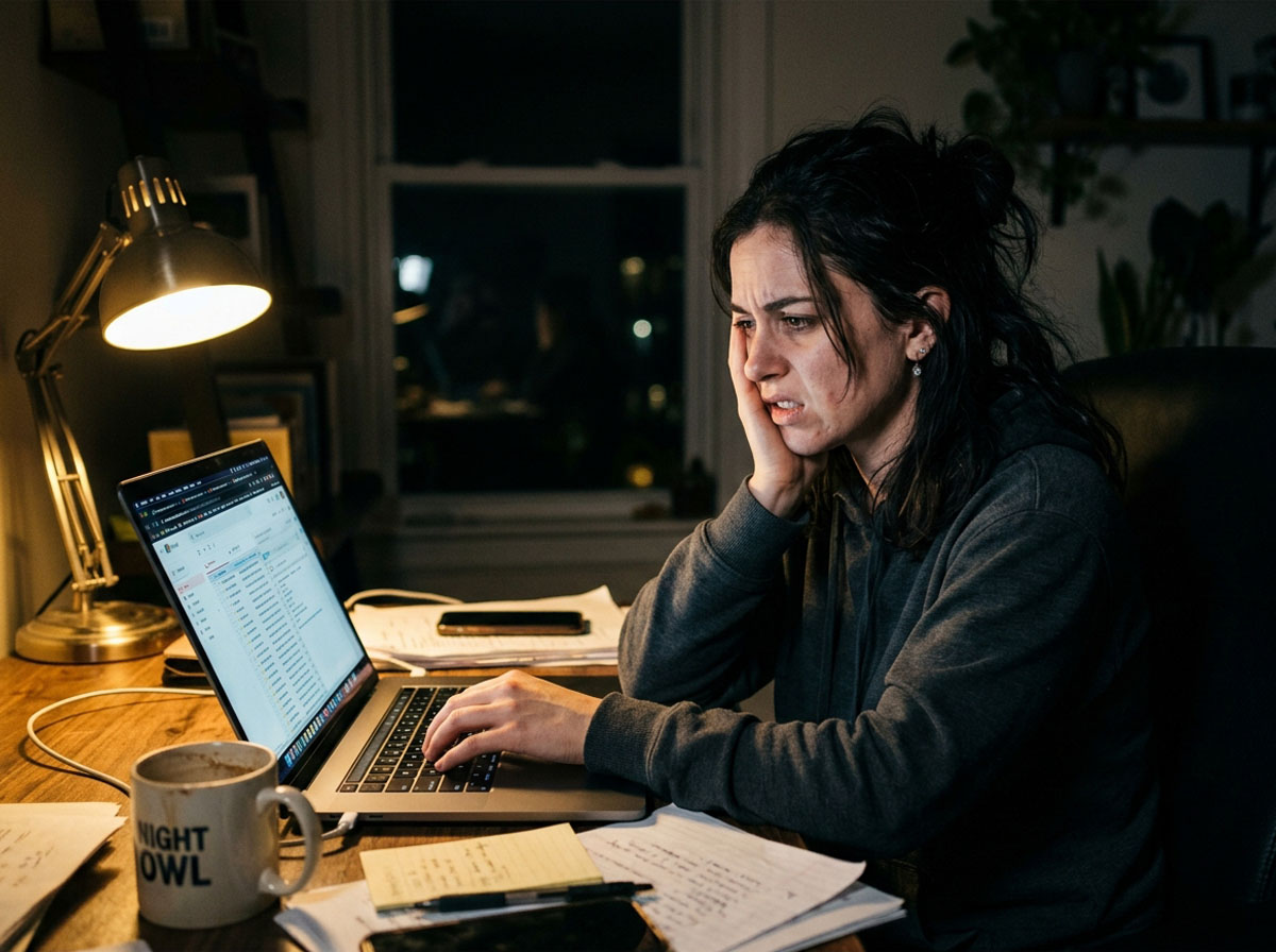 Woman clenching her jaw while working late at a laptop