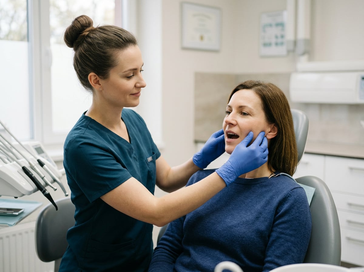 Dentist feeling a patient’s jaw joints as the patient opens their mouth