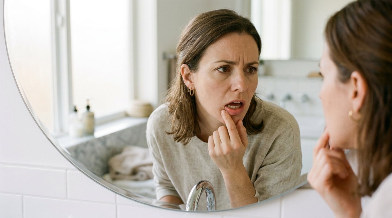 Woman pulling down her lip in a mirror to check a white spot on her gums