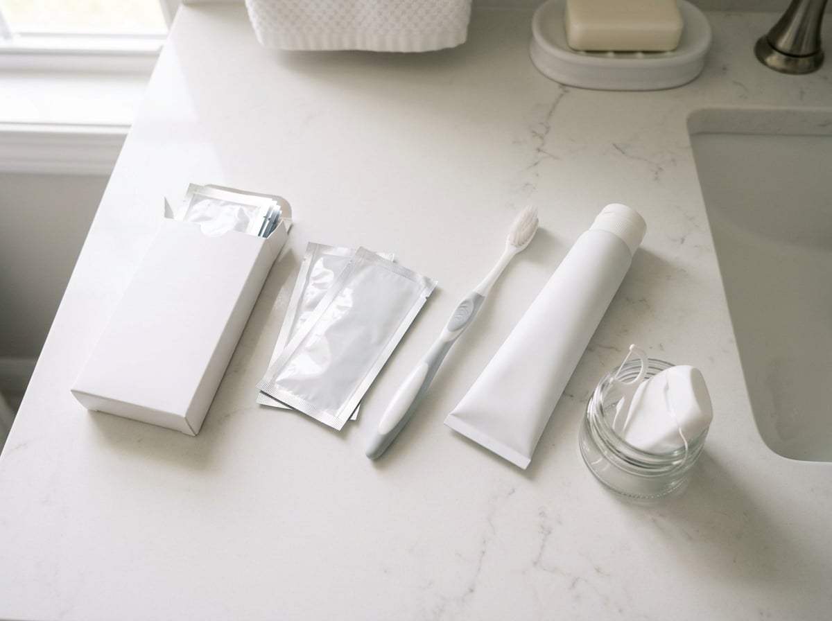 Whitening strips, a toothbrush and toothpaste on a bathroom counter