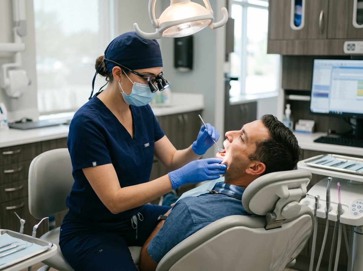 Dentist examining a patient’s lower gums with a dental mirror